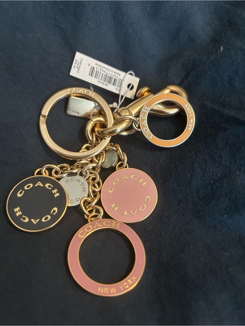 COACH Gold-Tone Keyring with Pink and Black Enamel Logo Discs